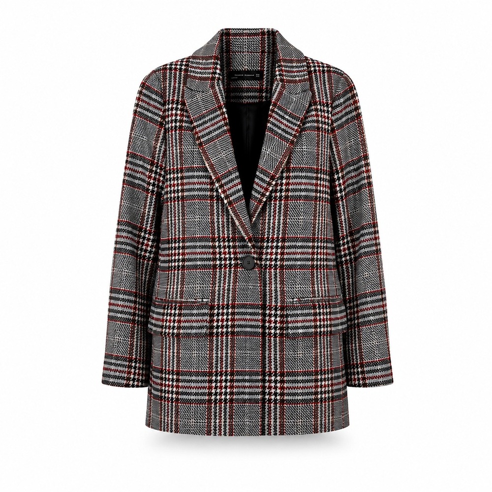 Zara Womens Plaid Coat M Grey Red Glen Check Dark Academia Longline Overcoat